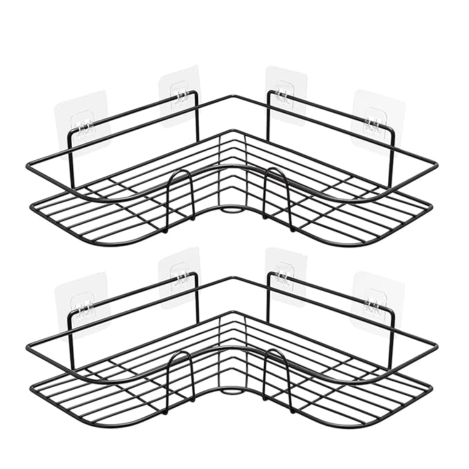 Amazon Basics Self-Adhesive Corner Shelf | No-Drill, Wall-Mounted Organizer for Bathroom, Kitchen & Living Room  -  Premium Rust Proof GI Metal, 27 x 27 x 6 cm, Black, Pack of 2