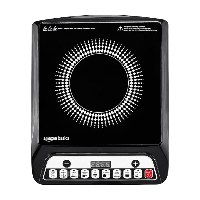 Amazon Basics 1600W Induction Cooktop | 7 Pre-Set Cooking Menus | LED Display | Smart Push Buttons I Energy Efficient, Auto Cut-off, 20A IGBT & 4KV Surge Protection I Black