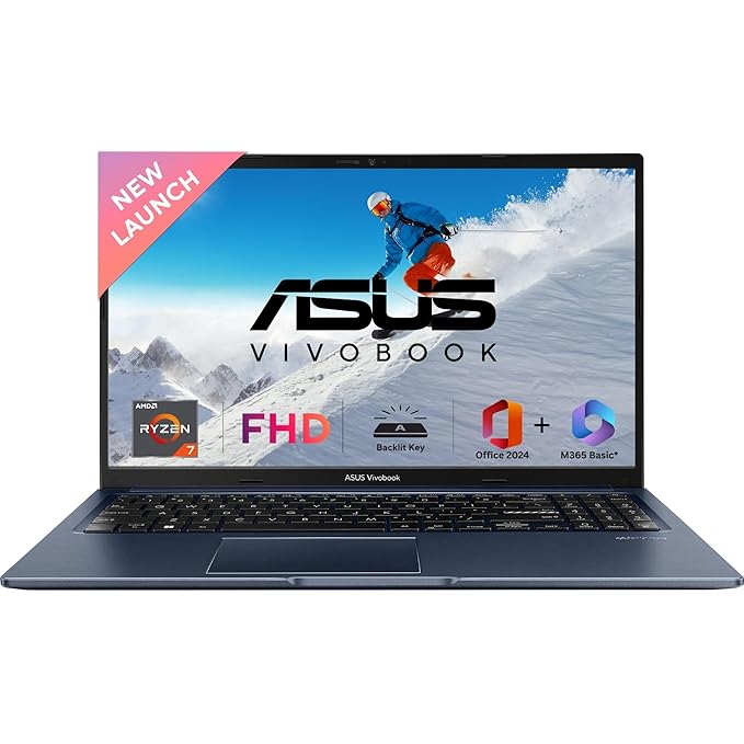 ASUS Vivobook 15, AMD Ryzen 7 5825U (AMD Radeon iGPU/16GB RAM/512GB SSD/FHD/15.6"/60Hz/Backlit Keyboard/42Whr/Windows 11/M365 Basic (1Year)*/Office Home 2024/Quiet Blue/1.7 Kg) M1502YA-BQ703WS