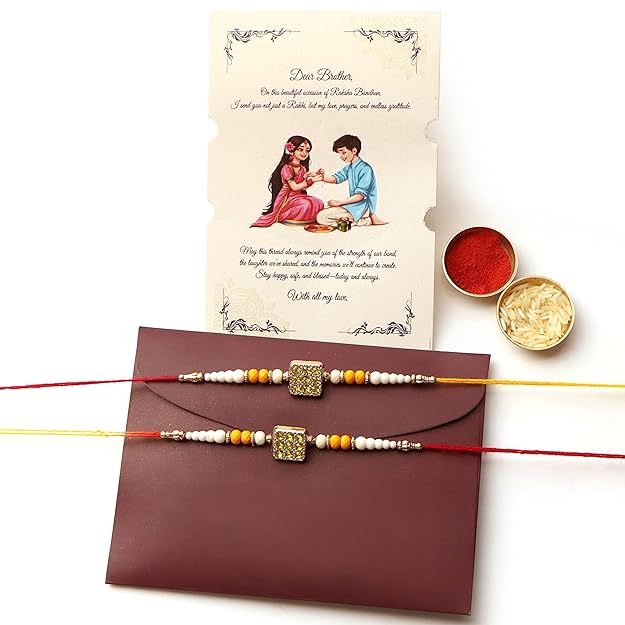 ambitieux 2 Rudraksha Rakhi for Brother with Greeting Card, Roli Chawal & Premium Envelope  -  Raksha Bandhan Gift Combo for Bhai  -  Traditional Rakhi Set