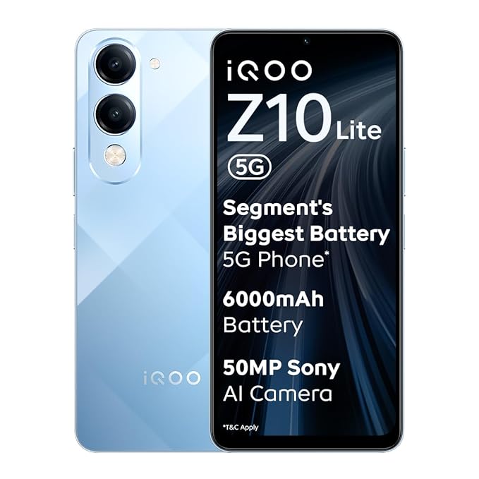 iQOO Z10 Lite 5G (Titanium Blue, 6GB RAM, 128GB Storage) | 6000 mAh Battery | Dimensity 6300 5G Processor with 433K+* AnTuTu Score | IP64 Rated & Military Grade Shock-Resistance*