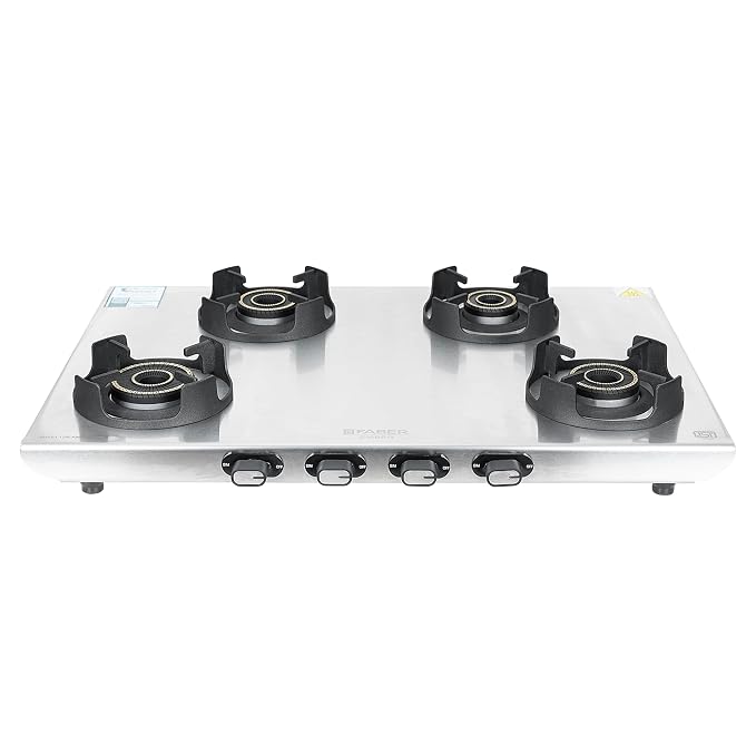 Faber Ember Stainless Steel Cooktop | 4 Brass Burners (Jumbo, 2Medium & Small |Manual Ignition | Diamond-Coated Pan Support |Cooktop Ember 4BB SS CI (4 Burner)