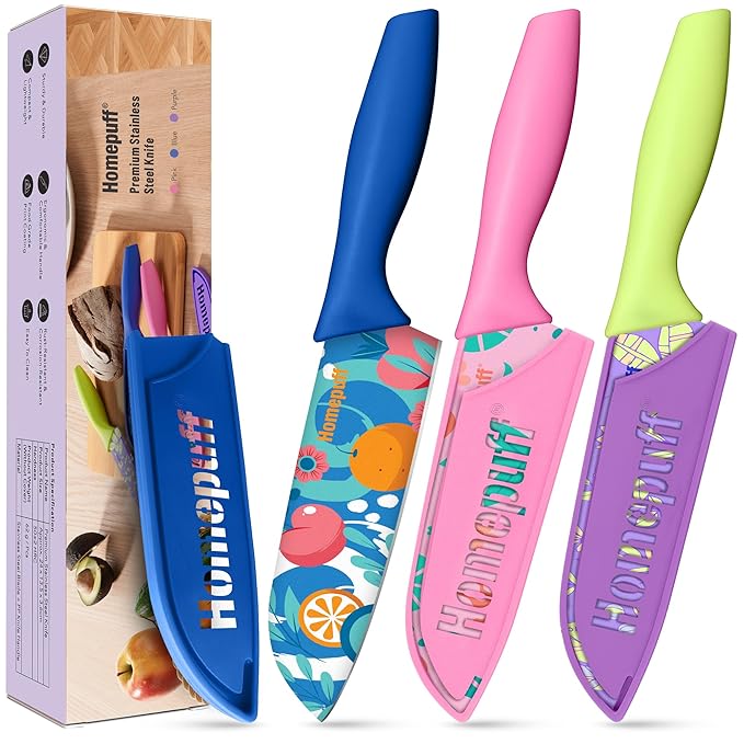 Homepuff Sharp Knife Set for Kitchen Use with Plastic Covers| Premium Colorful Printed, Rust-Resistant Stainless Steel, Non-Slip Handle for Home, Cutting, Slicing, Chopping| Set of 3-Blue, Green, Pink
