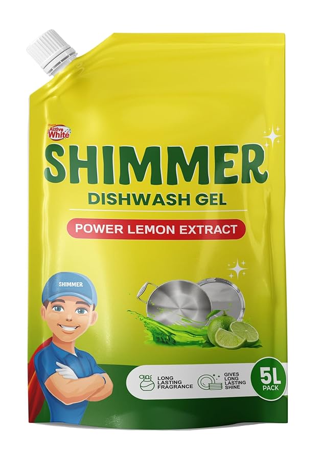 Shimmer Dishwash Gel  -  5L Family Pack | Powerful Lemon Action for Tough Grease | Long-Lasting Fragrance | Safe on Hands | Value Refill Pack | Dishwasher Safe