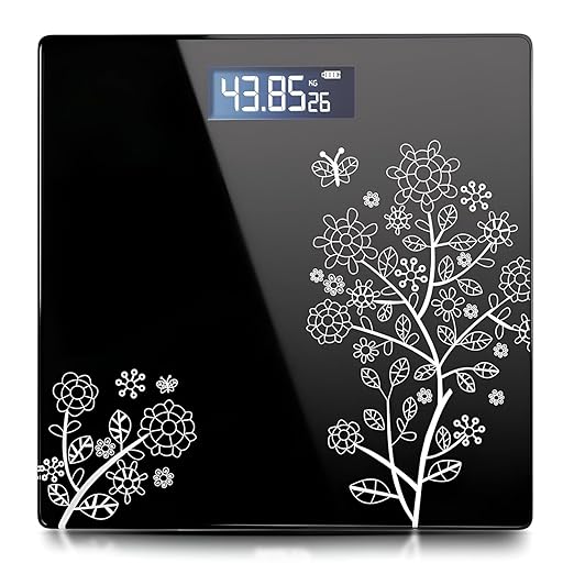 HBKOH Floral Digital Bathroom Weighing Scale for Body Weight, LCD Display, Thick Tempered Glass, Electronic Weight Machine for Human Body, Accurate Bathroom Scale.