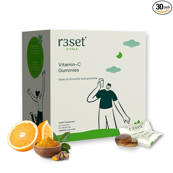 R3SET Vitamin C Gummies - 30 Days | Boosts Immunity & Enhances Skin Glow | Gluten-Free | Daily Antioxidant Support for Radiant Skin & Overall Wellness I Zero Calorie | Orange Flavoured