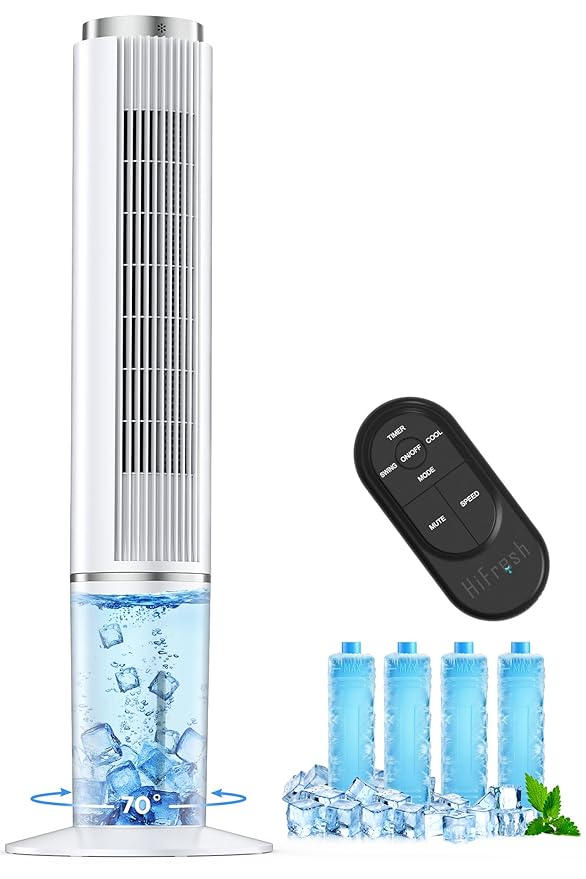 HIFRESH 107CM Tower Fan for Room w/Cooling Function, Bladeless Tower Fans for Home, Remote & Touch, 4 Modes & 3 Speeds, 26Ft Air Throw, 12H Timer, 4 Ice Packs, Auto Rotation, Low Power Consumption