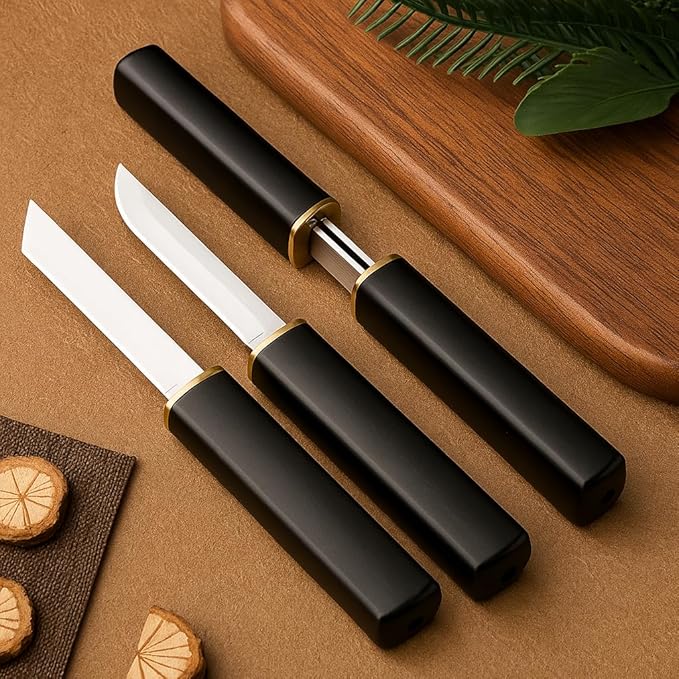 Machado Japanese-Style Mini Kantana Knife Set with Sheath  -  Dual Knives for Precision Cutting  -  Minimalist Black ABS Plastic Handle with Gold Accent  -  Ideal for Home, Camping & Professional Use