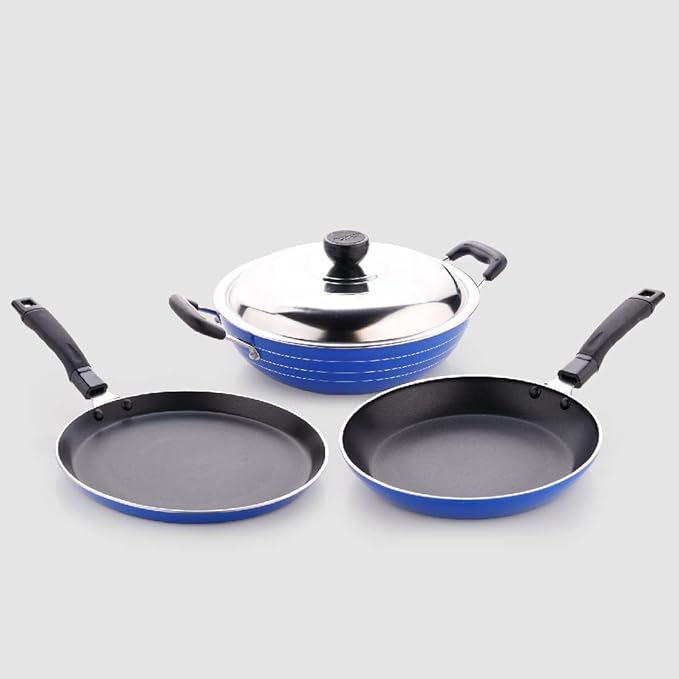 Crystal Induction Base Nonstick Cookware Set - 4-Pcs | Tawa 250 mm + Fry Pan 225 mm + Kadai 225 mm + Glass lid 225 mm | Thickness- 3mm