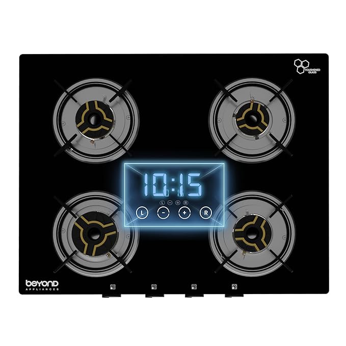 Beyond Appliances Auriga 4 Burner Smart Glass Gas Stove | Auto Ignition | Digital Timer | Flame Failure Device | Toughened Glass | ISI Certified | LPG & PNG Compatible Cooktop | PAN India Service