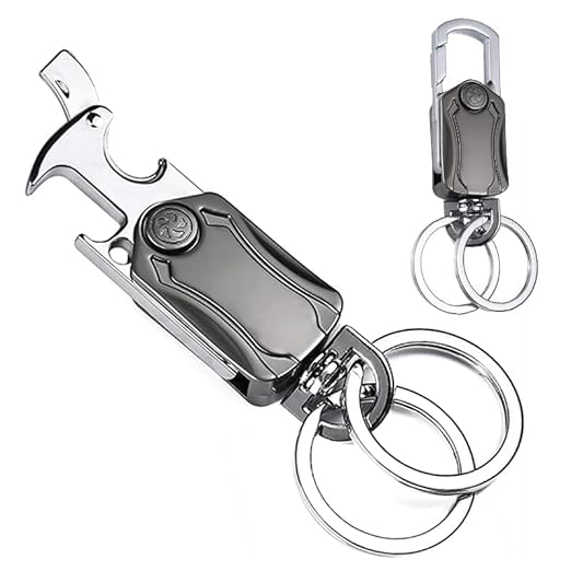 5-in-1 Multi-Functional Keychain for Men & Women  -  360° Rotating Carabiner with Bottle Opener, Phone Holder, Spinner  -  Durable Zinc Alloy Clip Keyring for Bike, Car, Backpack  -  Pack of 1