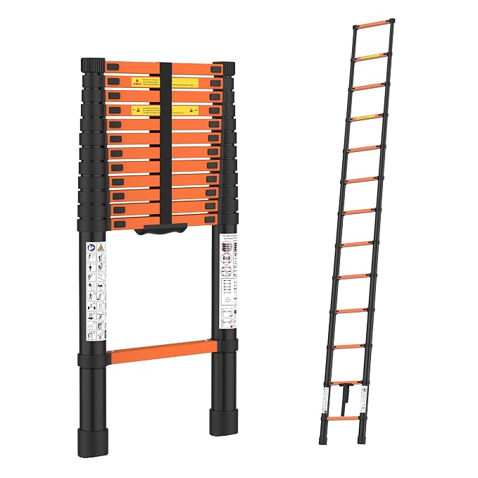 BonKaso Telescopic Ladder, 3.8m / 12.5Ft, 13 Steps  -  Heavy-Duty Foldable Alloy Steel Ladder | Anti-Slip, 150kg Load Capacity, Rustproof & EN131 Certified  -  Matt Black & Orange