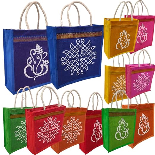 Maru Ecobags Ganesh & Kolam Jute Bags with Zip  -  Multicolor Wedding Return Gift Bags (Pack of 6, Medium Size 10x11x4 inch) | Thamboolam Bags with Side Cloth Non-Woven Support