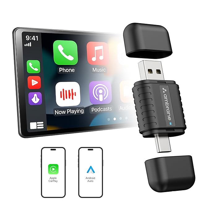 Ambrane 2 in 1 Wireless CarPlay & Android Auto Adapter | Convert Wired to Wire-Less CarPlay/Android-Auto | Plug & Play USB Dongle | Bluetooth 5.4 + Dual-Band Wi-Fi | Works with iPhone & Smartphone