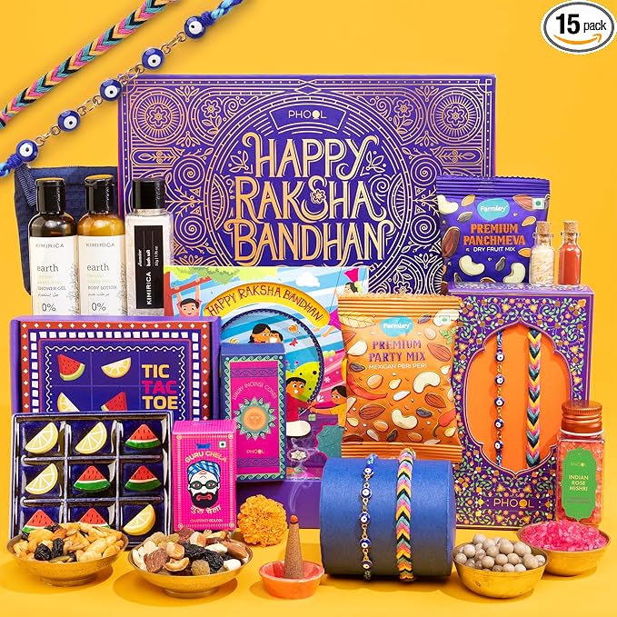 Phool Rakhi Premium Gift Box for Brother | 15 Inclusions | 2 Combo Nazar Kavach Evil Eye & Plantable Rakhi | Men's Grooming Kit | Farmley Dry Fruit Mix | Guru Chela Mouth Freshener | Tic-Tac-Toe Game-rakhi gift hamper for brother and bhabhi