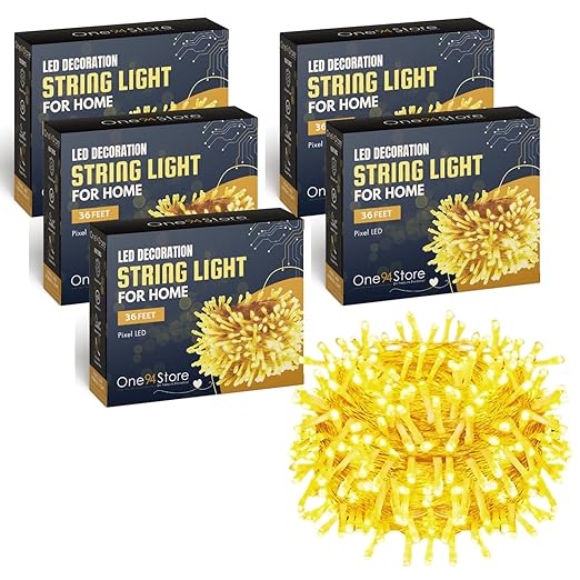 One94Store 36 Ft Warm White LED Pixel String Lights | 360° Decorative Copper Wire Fairy Lights for Diwali, Christmas, Wedding, Party & Home Decor | Bright Serial LED Lighting | Pack of 5
