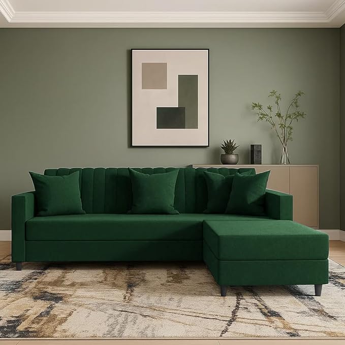 FURNY Koreno 4 Seater L Shape Convertible Sofa Set for Living Room, 3 Seater & Ottoman Modular Sectional Couch for Small Space (Green)