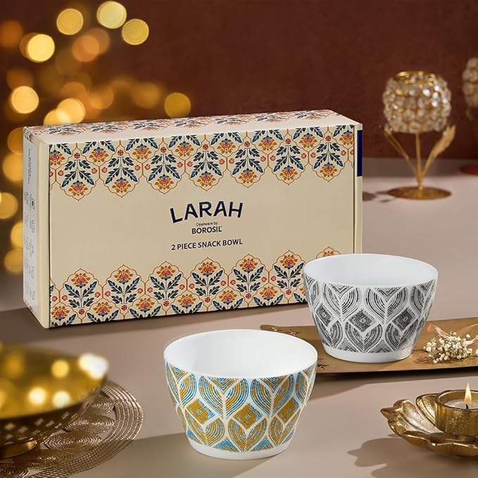 Larah by BOROSIL Art & Craft Opalware 2 pc Snack Bowl Set | 515 ml x 2 Pasta Bowl Set | Microwave & Dishwasher Safe, Bone-Ash Free | Crockery Set Ideal for Daily Use & Gifting, White