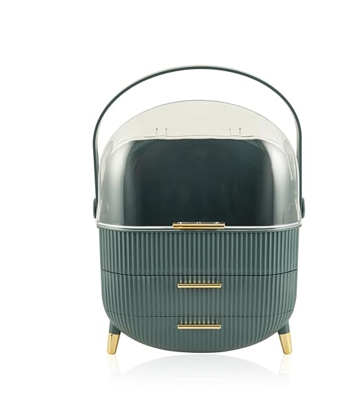Qshare Makeup Organizer Box with Lid & Drawers - Portable Plastic Vanity Skincare Organiser with Handle & Gold Legs for Women, Countertop Cosmetic Storage Box for Dressing Table & Parlour (Dark Green)