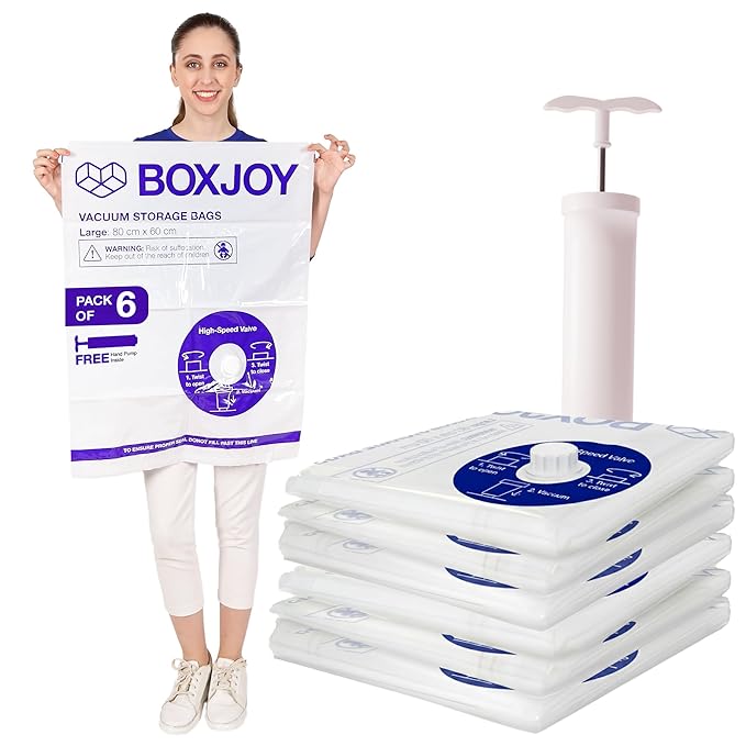 Pack of 6 LARGE (60x80cm) Transparent Vacuum Storage Bags for Travelling Packing Clothes Blanket Pillows Cloth Space Saver Suction Vaccine Air Compression Bag with Travel Vacuum Hand Pump