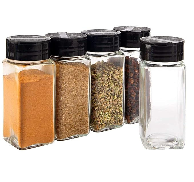 Glass Spice Jars with Dual Sifter Cap, 120ml Square Container, Set for Salt, Pepper, Masala Storage (4)