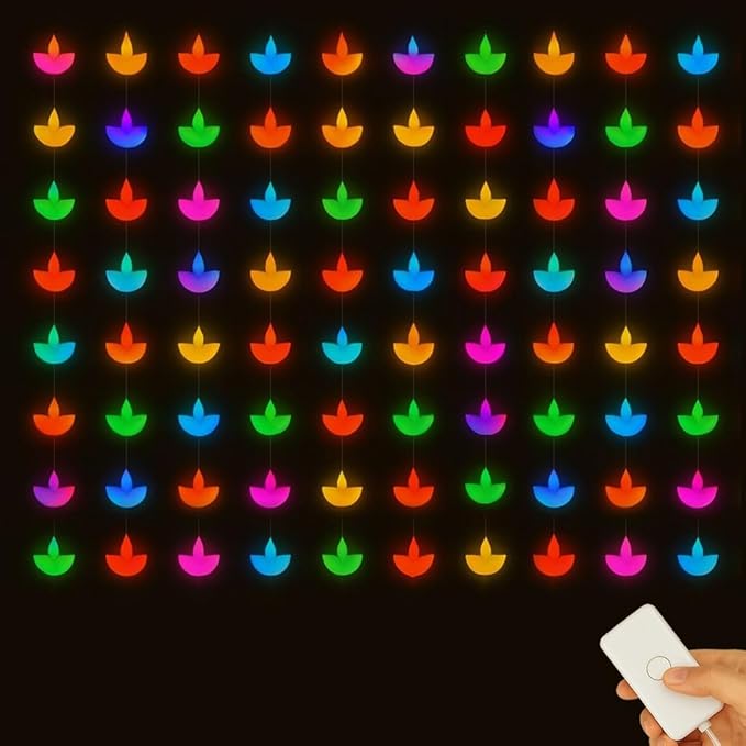 Gesto 80 Diya Curtain Lights  -  Multicolor Fairy Lights with 8 Modes Controller | AC Powered Diya Lights for Home,Balcony,Mandir,Pooja Room,Diwali Decoration,Festival Decor & Hanging Lights (10 x 3 Ft)