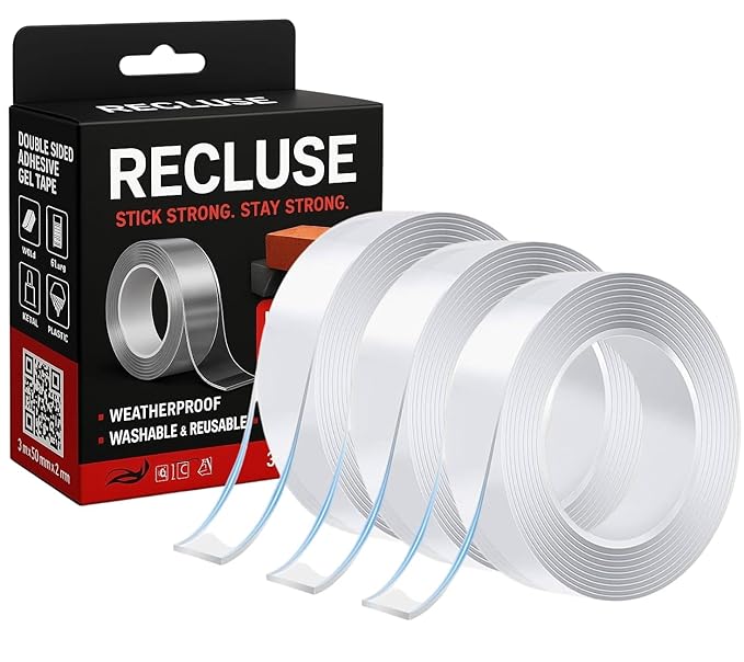 Recluse Heavy-Duty Multipurpose Traceless Mounting Adhesive Tape for Walls with Double Sides, Washable, Reusable Nano Double Sided Tape (3 Meter), Strong Sticky Strips, Gel Grip