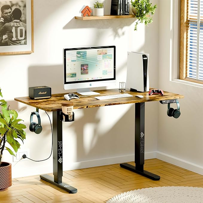 ARTIKEL Artidesk Eco Electric Height Adjustable Table for Office Work & Home  -  Standing Gaming Desk with LED Display, 3 Preset Controller, 80kg Load, <55dB, Cup Holder, Hooks, Cable - Rustic Brown