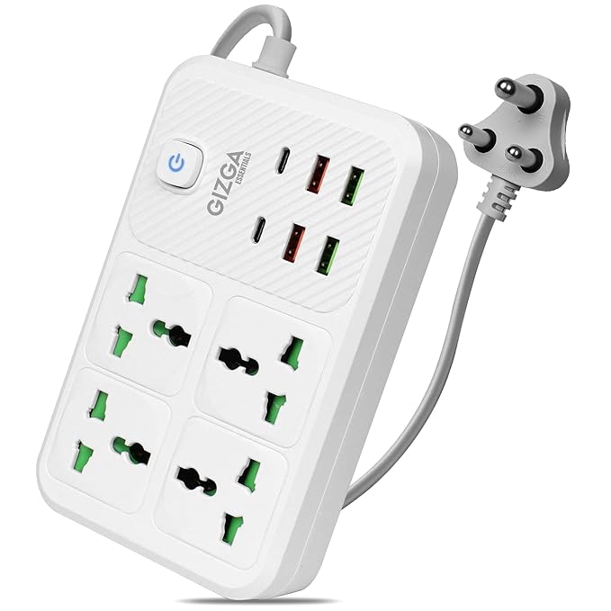 Gizga essentials Power Extension Board with 4 Universal Sockets, 4 USB & 2 Type C Port| Socket with 2M Cord, Surge Protector, Child Safety, Anti-Flaming Body, 10A Output, 250V Multi Plug Adapter