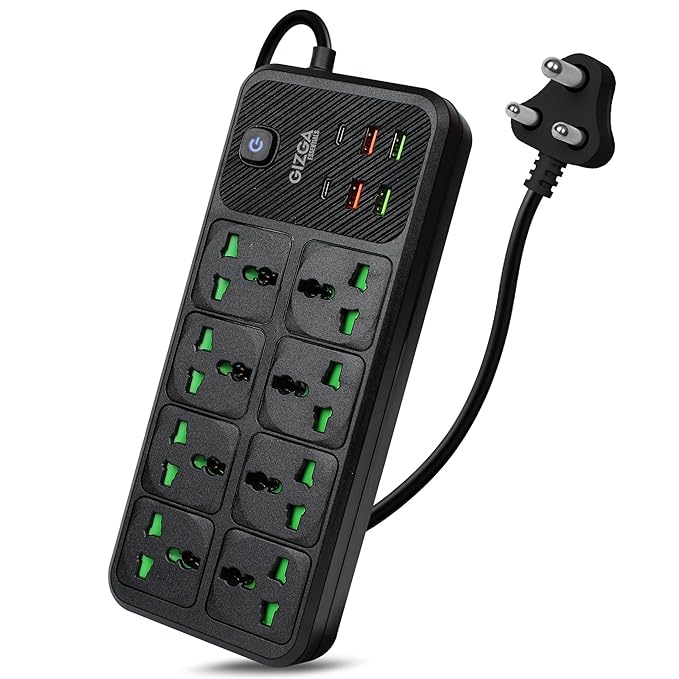 Gizga essentials Power Extension Board with 8 Universal Sockets, 4 USB & 2 Type C Port| Socket with 2M Cord, Surge Protector, Child Safety, Anti-Flaming Body, 10A Output, 250V Multi Plug Adapter