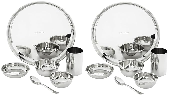 Amazon Brand - Solimo Dinner Set| Stainless Steel | Set of 6 | Solid Mirror Finish | Silver (Pack of 2)