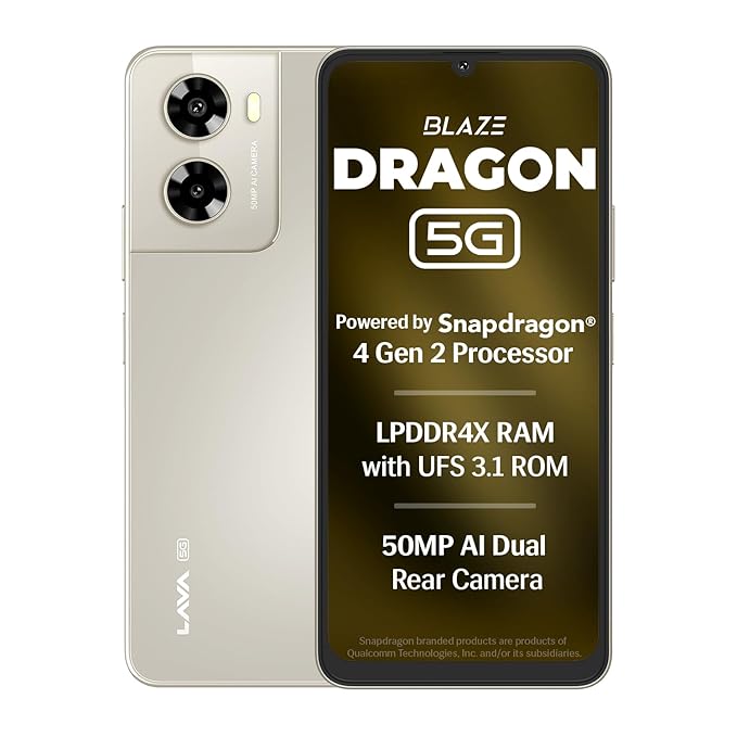 Lava Blaze Dragon (Golden Mist, 4+4*GB RAM, 128 GB)|Snapdragon 4Gen2 (450K+ Antutu)| 120Hz Refresh Rate | UFS 3.1 Storage | 50MP AI Camera| Premium Glossy Back | 5000mAh Battery| 18W Fast Charging
