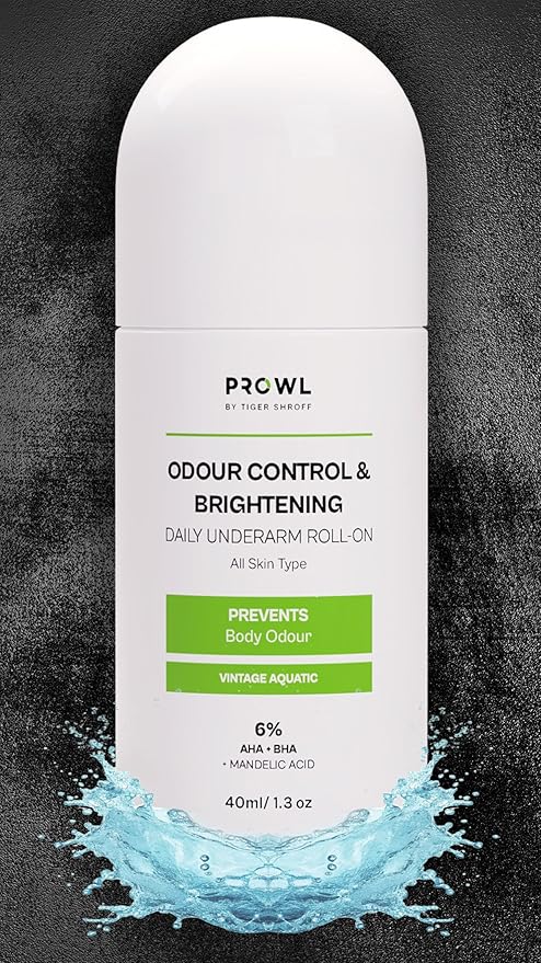 PROWL by Tiger Shroff 6% AHA BHA Mandelic Acid Underarm Roll On For Man | Brightens Dark Underarms | Long Lasting Antiperspirant Odour Control Rollon | Non-Sticky | Vintage Aquatic, 40ml