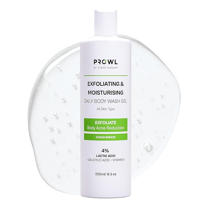 PROWL by Tiger Shroff Shower Gel Bodywash for Men 250ml|4% (Salicylic Acid, Lactic Acid, Vit E) for Body Acne | All Skin Type Exfoliating & Moisturising Daily Body Wash for Tan Removal | Ocean Breeze