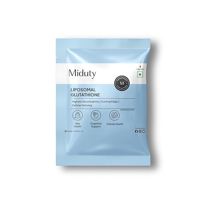 Miduty Liposomal Glutathione 650 mg - Highest Bioavailability & Absorbability - Cellular & Face Health - Helps in Skin Hydration & Skin Glow - Liver Health & Detoxification Support - 6 Veg Capsules