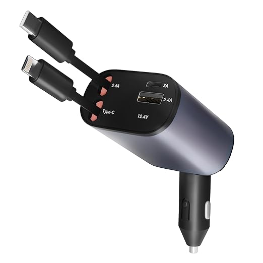 UNBREAKcable 120W 4 in 1 Retractable Car Charger,Car Phone Charger, Retractable Cables & 2 USB Ports Car Adapter for Android Phones & iPhone 17/16/15/14/13/12/11 Pro Max, Xr, Ipad BY AIL-KIN (Grey)