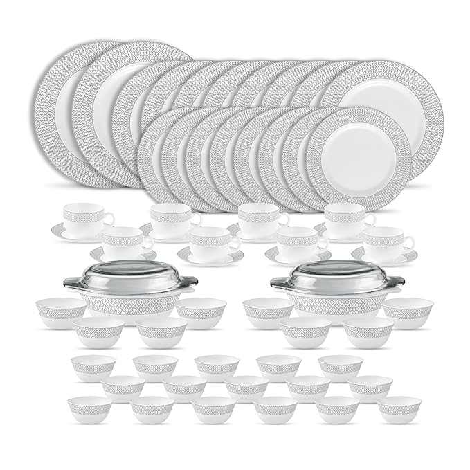 La Opala Diva Velvett Collection Opal Glass Crockery | for Family of 8 | Dinner Set 62 pcs Tudor Grey | Plates & Bowls for Dining | Microwave Safe | 100% Vegetarian | Extra Strong | Light & White