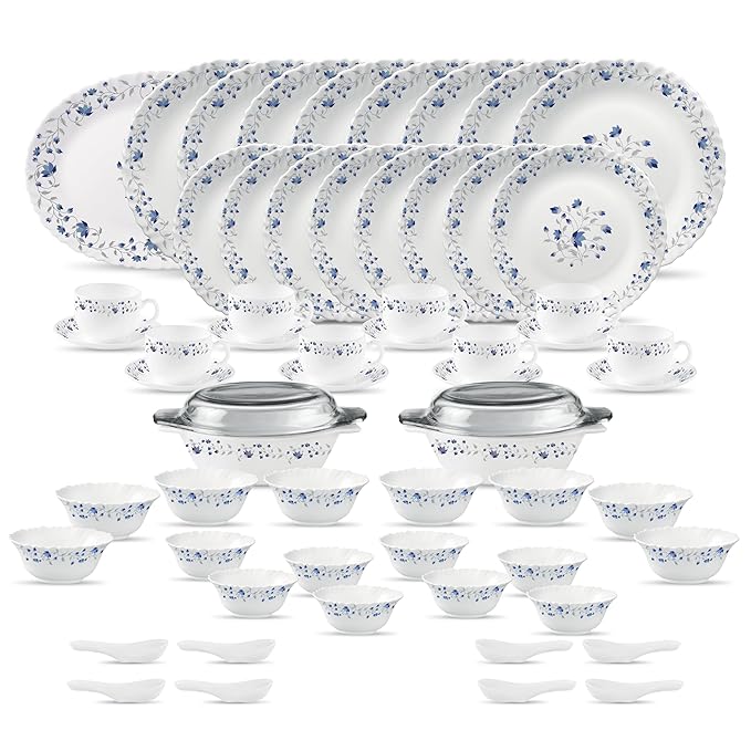 La Opala Diva Classique Collection Opal Glass Crockery | for Family of 8 | Dinner Set 61 pcs Blue Mystique | Plates & Bowls for Dining | Microwave Safe | 100% Vegetarian | Extra Strong | White