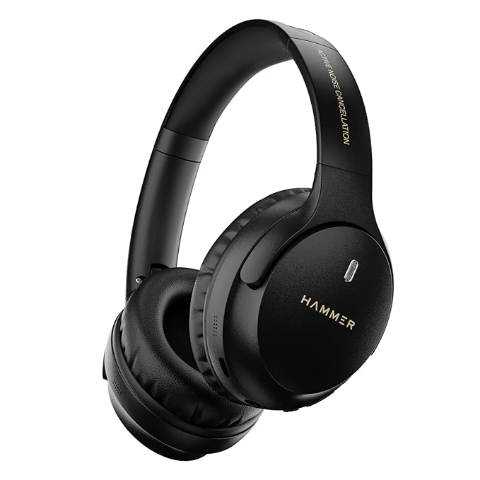 HAMMER Bash Vivid ANC Wireless Bluetooth Over-Ear Headphones with 23 dB Active Noise Cancellation, 70h Playtime, Type-C Fast Charging, 40mm Sound Drivers, Wired/Wireless, Comfort Fit, Foldable Black
