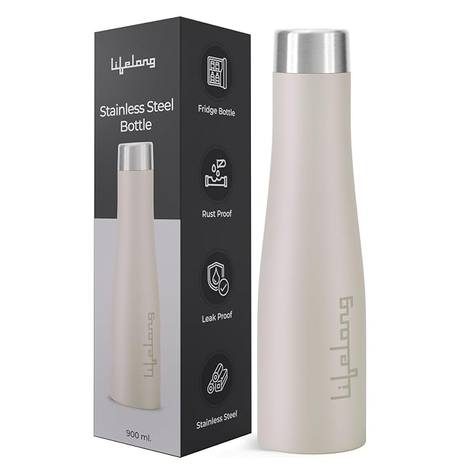 Lifelong Stainless Steel Water Bottle 900ml | Durable, Leak-Proof, Easy Grip, Rust Free, Easy-to-Clean, Odour-Free Bottle with Secure Cap for School, Travel, Gym & Work (LLBT03AB, Almond Birch)