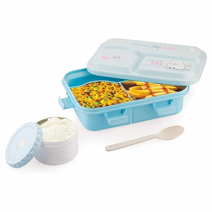 ATTRO Smiley Bite Plastic Lunch Box  -  3 Compartment Bento Tiffin, Leak-Proof & Durable, Plastic Spoon, Ideal for Kids, School, Picnic -  1220ml+200ml, Blue