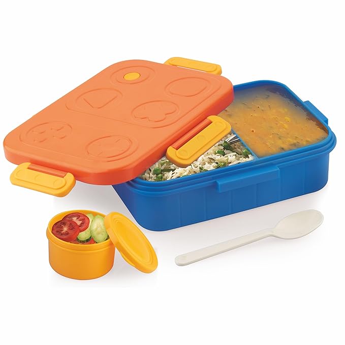 ATTRO TicTac Plastic Lunch Box  -  3 Compartment Bento Tiffin, Leak-Proof & Durable, Ideal for Kids, School, Picnic -  1200ml+80ml, Orange Blue