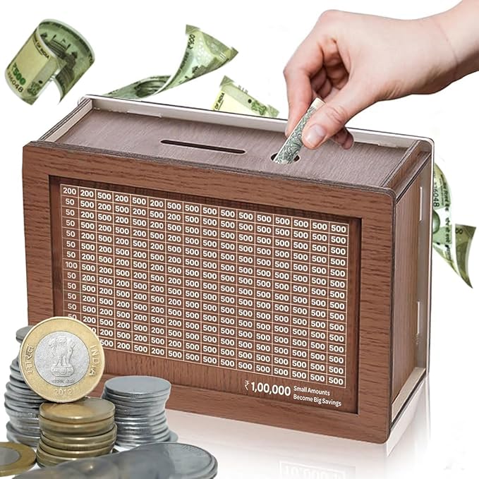 Money Saving Box for Adult 100000 -Money Box, Money Saving Box,1 Lakh Money Saving Box,Money Collecting Box Adult Kids, Small Amount Big Storage 100000 Savings Wooden Money Box,Challenge Box
