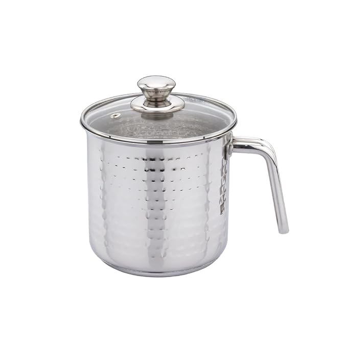 Praylady Stainless Steel Milk Boiler with Glass Lid (Hammered  -  Premium Textured Finish) | 2.5 LTR | 1mm Thick | Sandwich Bottom | Sleek Handle | BIS Certified | for Milk, Tea & Soup