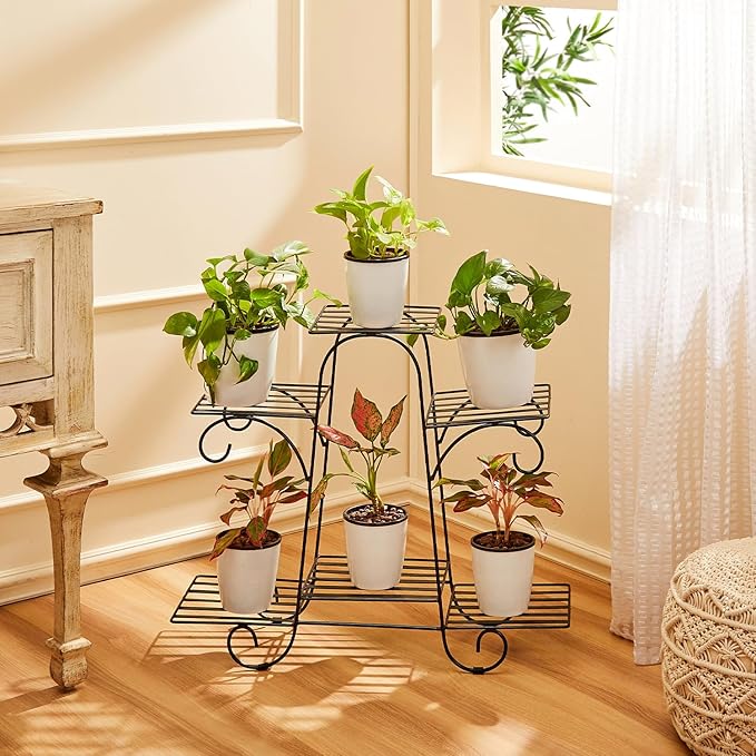Amazon Basics Metal Planter Stand for Living Room, Indoor Outdoor Plant Stand for Balcony and Home Decor, Holds 6 Planters, Black