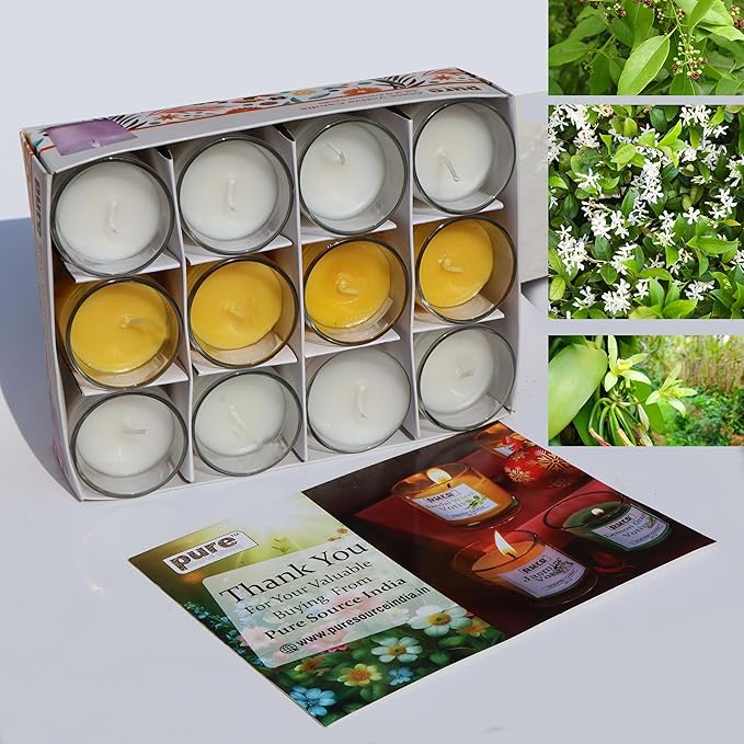 Pure Source India Pack of 12 Votive Scented Candles  -  Assorted Fragrances | Long-Lasting Aromatherapy Candles for Home, Decor, Spa & Gifting (Sandalwood, Jasmine, Vanilla)