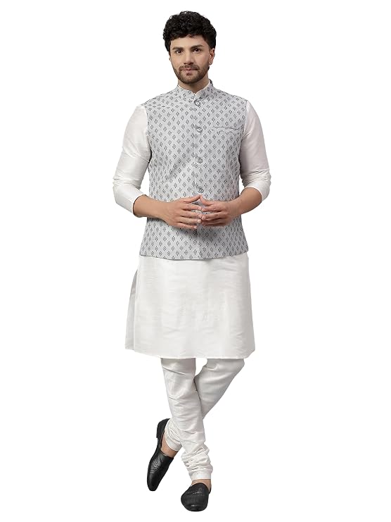 LATEST CHIKAN Men's Silk Blend Kurta Pyjama Set with Jacquard Nehru Jacket  -  Festive&Wedding-Wear