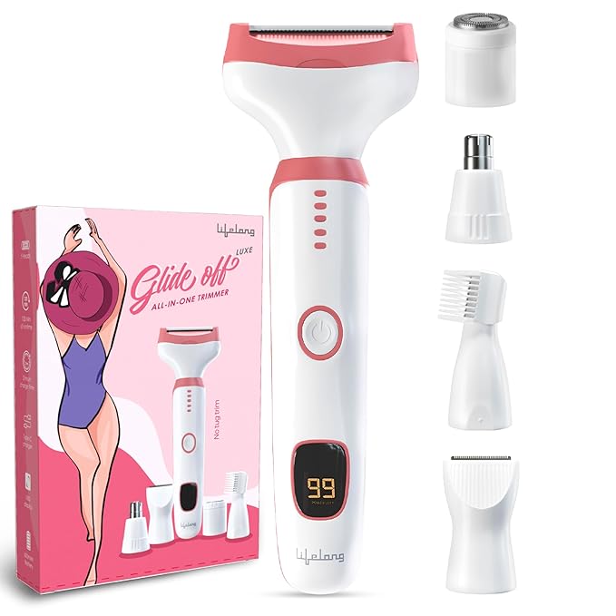 Lifelong GlideOff Luxe 5-in-1 Face & Body Trimmer for Women| Electric Shaver & Razor with 5 Interchangeable Heads for Bikini, Eyebrow, Nose & Ear Hair Removal, 120 Min Runtime, USB Type-C Charge
