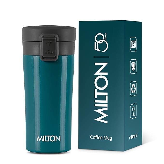 MILTON Thermosteel Vacuum Insulated Stainless Steel Coffee Mug Travel with Strainer, ISI Certified, Hot & Cold, Anti Skid Bottom, Spill Proof and Rustproof, 300 ml, Teal Blue
