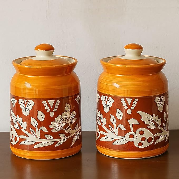 D'Maiolica Pickle Jars in 1000ml (set of 2) | Handpainted Black Floral Bale Pattern 1 kg Achaar Martban | Ceramic Container Set for Kitchen Storage (Pack of 2) (Black Floral, 1000mL)